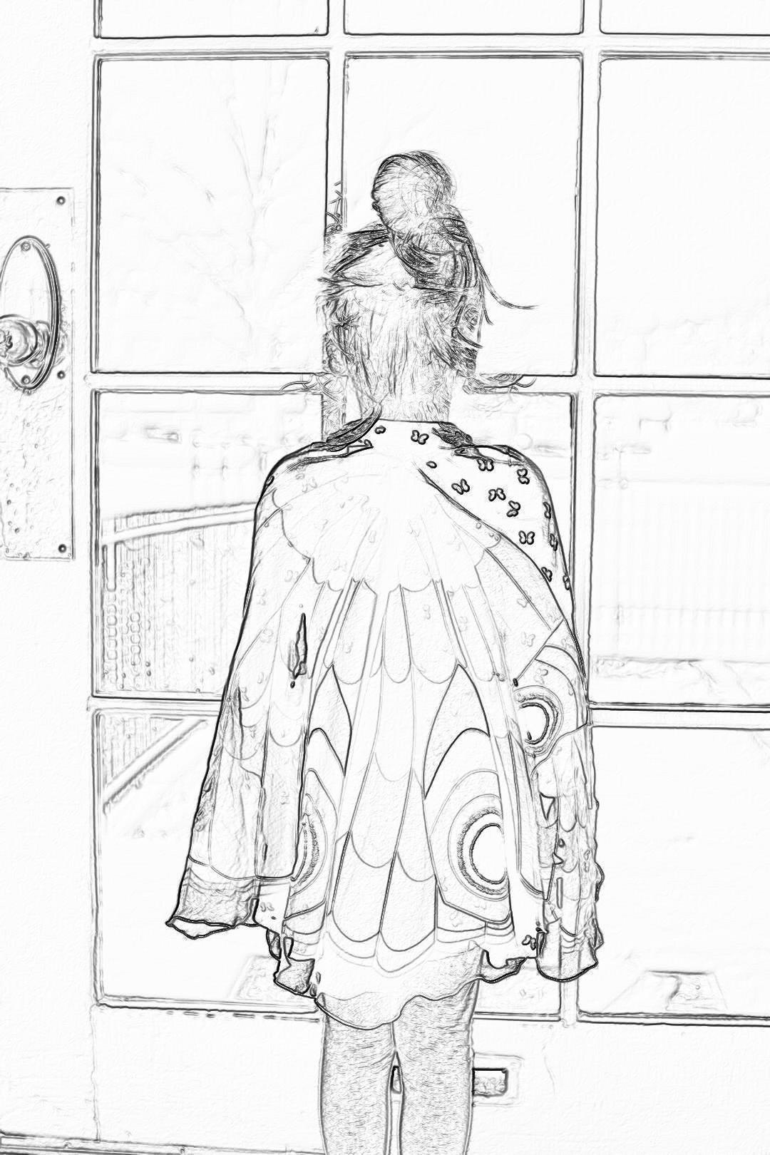 coloring page, simple black and white line art drawing of back view of young girl wearing a cape with a butterfly pattern on it waiting at a bus stop, clipart in the style of [Johanna Basford](https://goo.gl/search?artist%20Johanna%20Basford), clean lines, no shading, full body perspective, high quality, cartoonish cutout, sticker style clipart award winning detailed pencil sketch in the style of [Steve Dillon](https://goo.gl/search?artist%20Steve%20Dillon)