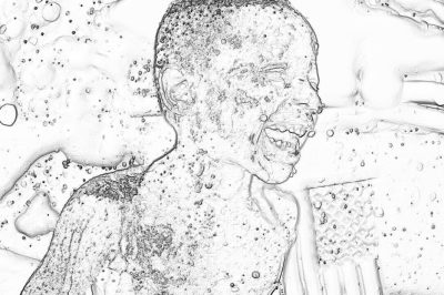 A black and white line art illustration of an African American man with short hair, smiling as he is being washed over by water droplets in the style of Daring Pencil Drawing. The background features a detailed pencil drawing, creating a sense of depth that adds to its visual appeal. It's drawn using only one continuous stroke, giving it a fluidity reminiscent of digital ink sketching techniques. This artwork combines bold lines for impact while maintaining simplicity.