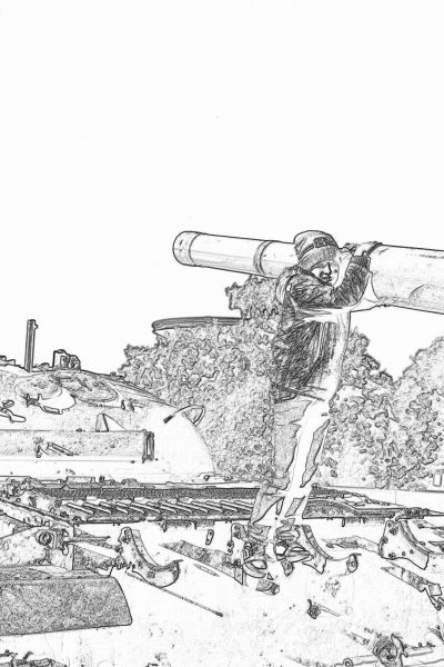 coloring page of an illustration in black and white line art style featuring the top half of a man climbing onto the tank's gun barrel with his hands holding onto it as he tries to get into its open roofed cabin, the background is filled with destroyed tanks scattered around him on a white background with no shading and low detail in thick lines for a coloring book in the style of.