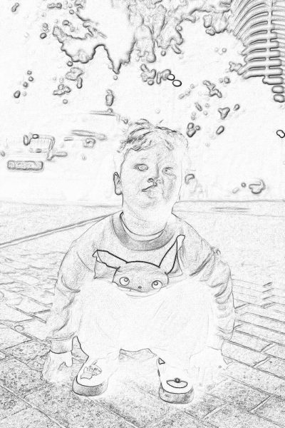 Pencil drawing sketch of an adorable toddler boy dressed as Pikachu, sitting on the ground with his legs crossed and blowing bubbles in front of him. The background is an urban street scene with buildings and park benches. It's a sunny day with clear skies. There should be some splashes around the edges to add texture. Black lines for outlines. No shading or color inside shapes. In the style of a cartoon.