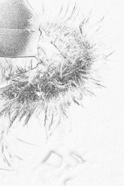 A simple pencil drawing of an abstract snow scene, with ice crystals forming the shape of Christmas tinsel and fur decoration on people's heads. The background is white paper, with clear lines that give depth. There should be no text or other elements in front. A black ink pen drawing, with sharp details and high resolution. High contrast, in the style of fur decoration on people's heads.