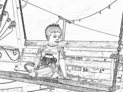 A child sitting on an old wooden swing at the fair, coloring page for adults, thick lines in the style of black and white, greyscale