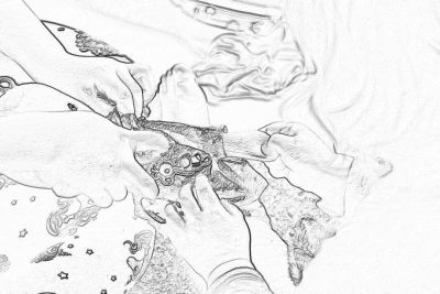 black and white line art sketch of hands putting on jewelry, fantasy world background, low angle shot, overhead view