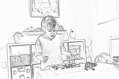 a black and white storyboard sketch of an child playing with his small dinosaur toys in the kitchen, there is one box on top of their toy storage shelf filled with little plastic dinosaurs