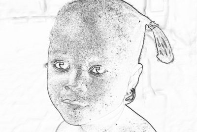 A simple pencil drawing of an African child with hair shaved very short on the sides, the head is covered in black and white sand in the style of an African artist.