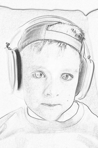 A simple sketch of an adorable boy wearing headphones in the style of pencil drawing. The style uses simple lines with no shading or colors, suitable for coloring pages. The background is white with a focus on capturing clear details in his face such as eyes, nose, mouth, ears and hair. There are no shadows to emphasize simplicity and clarity. A fun scene that would appeal to children aged four to six years old.