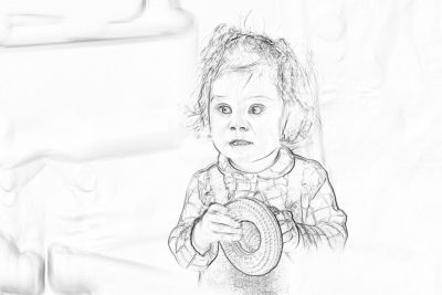 A pencil sketch of an adorable toddler girl holding up her toy wheel, with soft lines and delicate details on the face. The background is white to highlight the subject, creating a serene atmosphere that captures innocence in its purest form. High resolution, high quality, realistic, sharp focus, depth of field, detailed, intricate, intricate detail, hyperrealistic, hyperdetailed, superresolution, octane rendering