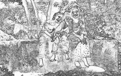 black and white line drawing of two young girls laughing sitting on the edge of an old stone well, one girl is wearing a long dress with ruffles and has her hair up in braids holding onto another little boy's hand who wears trousers, trees behind them with a forest background, in the style of a coloring book page with a white background, a full body shot with simple lines and low detail without shading, 2d vector art with 300 dpi resolution