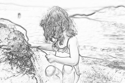 A girl with curly hair is playing on the beach, drawing by minimalist style , black and white color only in pencil lines , coloring page for kids under 6 year old, thick line, low detail, no shading . She has her hands folded across his chest as she looks down at an object sitting between them. The background shows gentle waves crashing against rocks along the shore. It's a bright day outside, with sunlight casting long shadows over everything around. full body