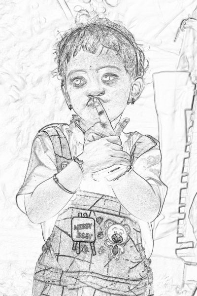 A simple sketch of an adorable child holding their finger to their nose, wearing overalls with "FR distort" on them. The background is blurred to focus solely on him. He has short hair, big eyes, long eyelashes, giving off a sweet vibe. Black & white drawing. Coloring book style. No shading or color fill; just pure black lines. in the style of [Don Bluth](https://goo.gl/search?artist%20Don%20Bluth).