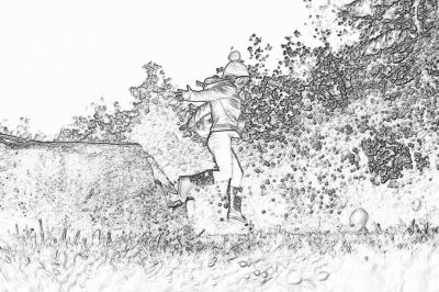 A girl is playing in the garden, splashing bubbles with her dog. The background features an old forest and grassy fields. Black and white sketch style. Sketch effect art. High contrast. Monochrome background. Watercolor coloring book page. Simple line work. A little messy. It's an adult coloring book. There should be no color on it yet. Full body, shown from the side.