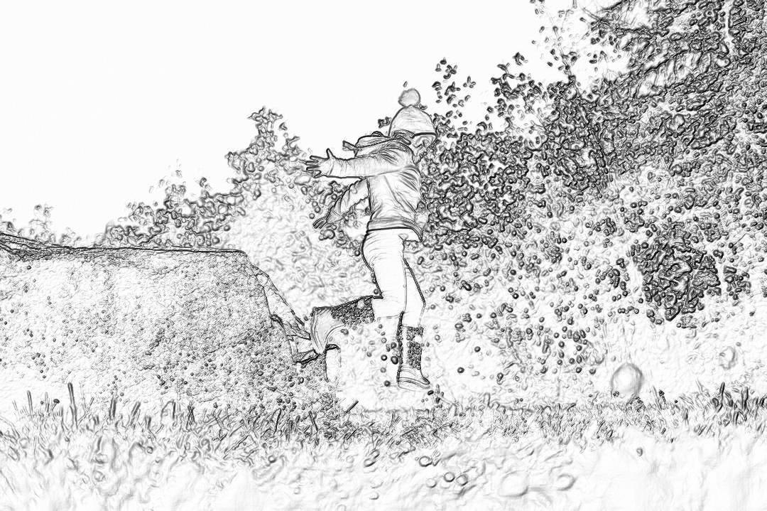 A girl is playing in the garden, splashing bubbles with her dog. The background features an old forest and grassy fields. Black and white sketch style. Sketch effect art. High contrast. Monochrome background. Watercolor coloring book page. Simple line work. A little messy. It’s an adult coloring book. There should be no color on it yet. Full body, shown from the side.