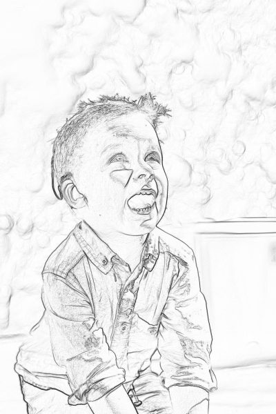 black and white hand drawn rough sketch of a smiling toddler boy sitting on a lap, with smoke in the background. The drawing is done in the style of a caricature.