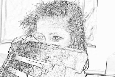 Black and white pencil sketch of an adorable little girl with messy hair hiding behind her birthday present. The sketch shows a zoomed out view of the scene.