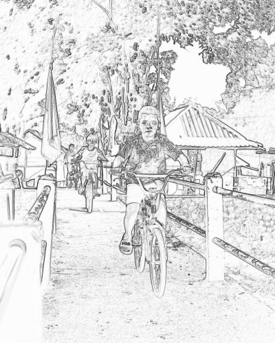 A realistic happy young boy riding his bike in the village of Chiang Drive, Thailand, with people walking around and street food stalls. coloring page for girls aged plus , thick lines, low detail black white