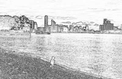 Black and white pencil sketch of the skyline across an expansive lake, with tall buildings in background. In foreground is small child standing on beach facing away from camera fishing. Sketch has lots of detail. No shading or color. The sky is clear and blue. There's no text or graphic elements toY jaws of water or land in frame. Detailed line work. High contrast. High resolution. Artistic style inspired by black ink pen drawings.