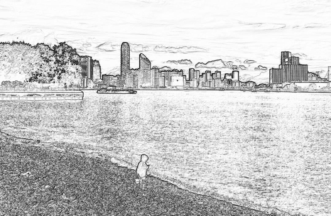 Black and white pencil sketch of the skyline across an expansive lake, with tall buildings in background. In foreground is small child standing on beach facing away from camera fishing. Sketch has lots of detail. No shading or color. The sky is clear and blue. There’s no text or graphic elements toY jaws of water or land in frame. Detailed line work. High contrast. High resolution. Artistic style inspired by black ink pen drawings.