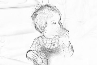 A pencil sketch of an adorable baby boy, holding and eating one round plastic toy in his hand. The background is white with soft lighting, creating gentle shadows on the drawing paper. The focus should be sharp to capture every detail of both the child's features and the toys he holds. This scene conveys innocence and playfulness as well as capturing intricate details that highlight each element of their interaction., black lines on white paper