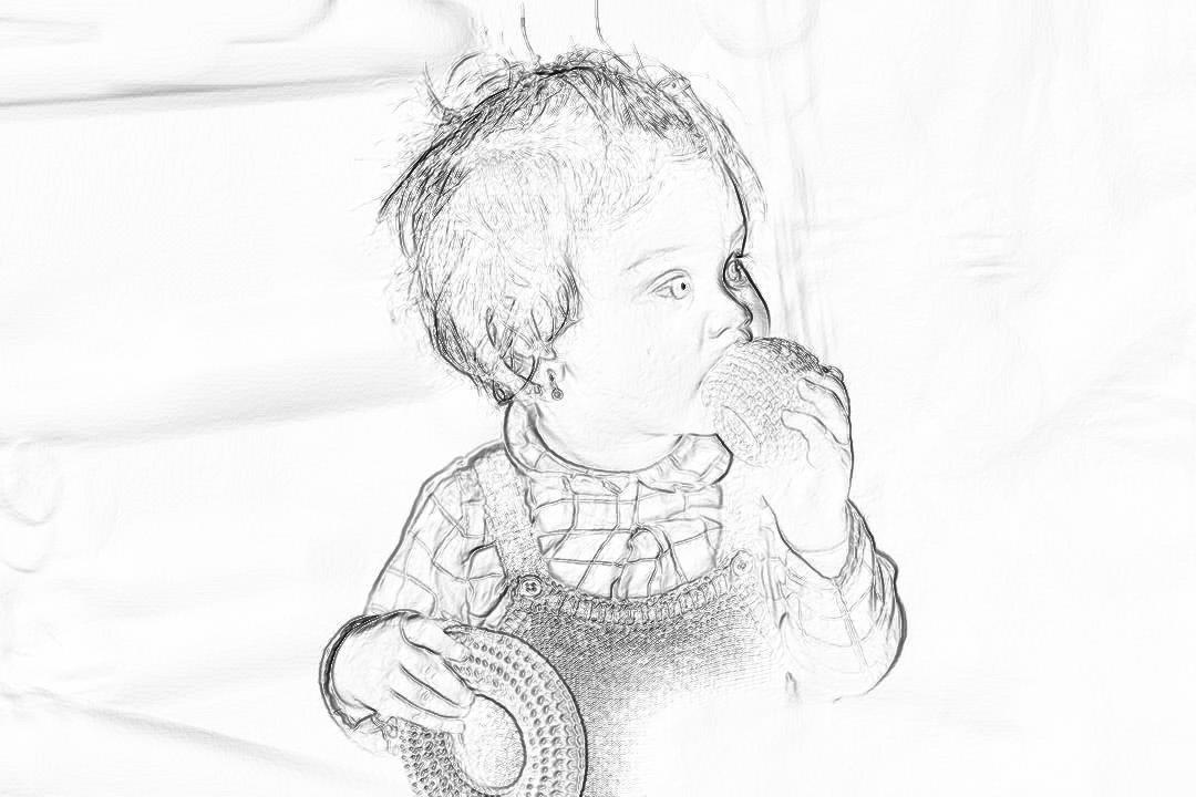 A pencil sketch of an adorable baby boy, holding and eating one round plastic toy in his hand. The background is white with soft lighting, creating gentle shadows on the drawing paper. The focus should be sharp to capture every detail of both the child’s features and the toys he holds. This scene conveys innocence and playfulness as well as capturing intricate details that highlight each element of their interaction., black lines on white paper