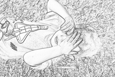 A young man lying on the grass, hands over his eyes smiling and playing with music notes coming out of an iPhone, coloring page for adults, thick lines, low detail black & white, no shading, in the style of comic book art.