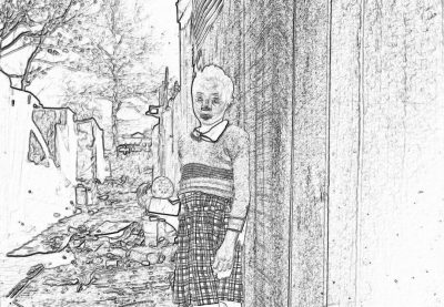 A black and white line art sketch of an older woman wearing jeans, a sweater with pinstripes, and a plaid skirt standing in her backyard next to the wall that is being used as a backdrop for children's play hanging on it in the style of.