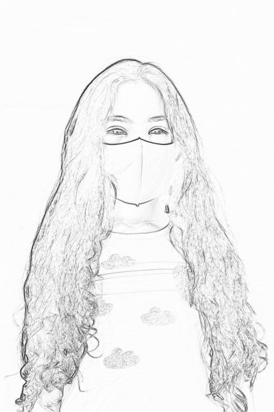 A girl with long hair wearing an N95 mask and white top, with a simple drawing style and black and white sketch coloring page, a full body shot from the front view with a white background, thick lines drawn in the style of minimalism with simple details, awardwinning work in the style of professional photographers.