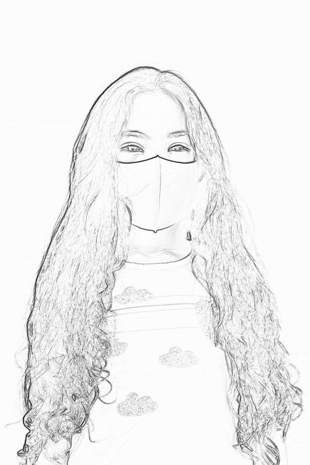 A girl with long hair wearing an N95 mask and white top, with a simple drawing style and black and white sketch coloring page, a full body shot from the front view with a white background, thick lines drawn in the style of minimalism with simple details, awardwinning work in the style of professional photographers.