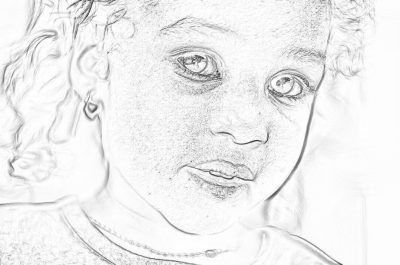 Black and white pencil drawing of an African American toddler girl, close up portrait, detailed, in the style of a coloring page, high resolution