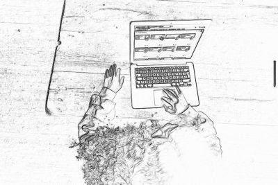 Black and white storyboard line rough sketch, simple pencil drawing of a woman sitting at her desk with an open laptop in the center of frame in a top view. She has two hands holding onto the keyboard. The background behind shows wooden floorboards. Black ink outline only. No shading or color. Simple lines only. Low detail.