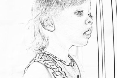 Black and white pencil sketch of an adorable little girl with blonde hair, wearing pajamas and looking out the window in profile. She has her mouth open as if she is talking. The background features a simple wall with no decorations, creating a clear focus on her face. Her expression radiates innocence and curiosity. Detailed line work in the style of digital art.