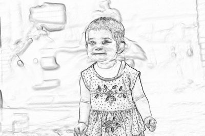 A cute little girl in her first birthday, wearing a dress with a flower pattern and white shoes, smiling happily while standing on the wall of an ancient castle. The background is a simple drawing with pencil lines. Black and white. Sketch style. A4 format paper. High resolution. No shadows. In the style of hyper realistic art.