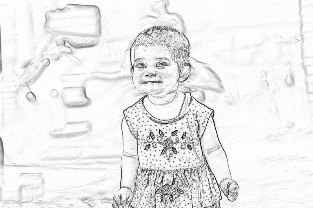 A cute little girl in her first birthday, wearing a dress with a flower pattern and white shoes, smiling happily while standing on the wall of an ancient castle. The background is a simple drawing with pencil lines. Black and white. Sketch style. A4 format paper. High resolution. No shadows. In the style of hyper realistic art.