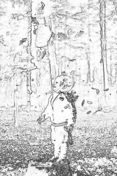 black and white line art sketch of an old stone wall with little boy in spacesuit standing on the ground, simple background, low detail , no shading