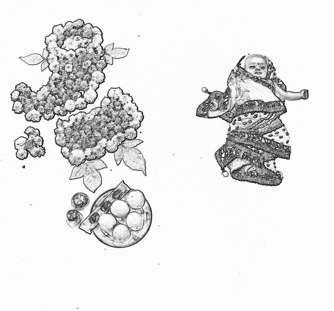 A black and white line drawing depicts flowers, leaves and fruits on one side with an adult character in pajamas playing sports on the other side. The characters have exaggerated proportions to emphasize their small size next to giant hydrangeas. A few scattered eggs add detail to each scene without being too dense or complex. Simple shapes highlight details while leaving space for text. No background. High resolution.