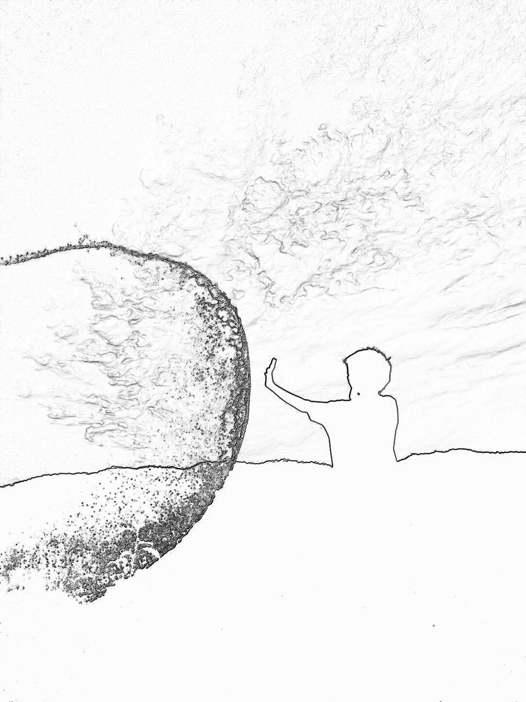 A simple black and white line drawing shows an adult man pushing a boulder up to his chest level. He is trying very hard but it will not move from him. The scene takes place on top of some rocks in front of him. The sky behind shows some clouds. A minimalist illustration in the style of minimalist art. Simple lines on a white background. No shadows. A black ink drawing with black outline strokes. Sketch art in a doodle style.