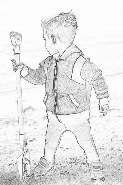 A little boy in jeans and a hoodie holding an extra long spade at the beach, in the style of a pencil drawing, colouring page.