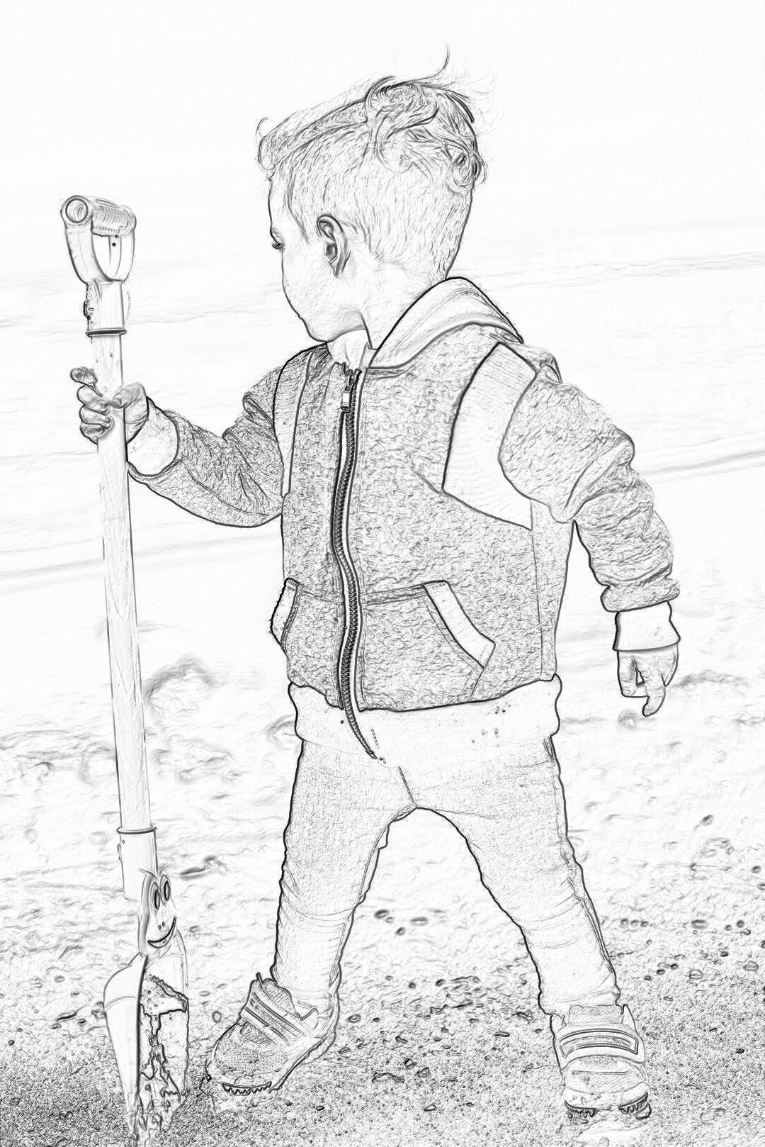 A little boy in jeans and a hoodie holding an extra long spade at the beach, in the style of a pencil drawing, colouring page.