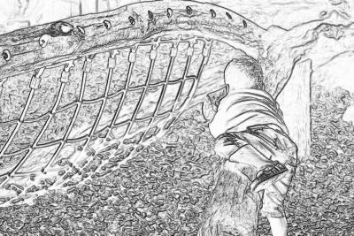 Black and white storyboard line rough sketch, simple pencil drawing of A child playing in an old wooden Victorian pirate ship net on the ground.