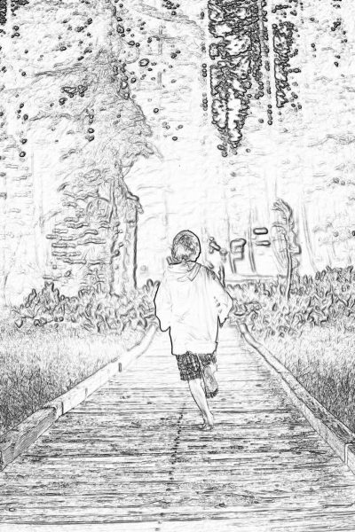 A child running on a wooden bridge during summer, with raindrops falling from above and splashing water around him, depicted as an ink drawing. The background features a garden full of flowers, creating a simple yet powerful black and white sketch. The drawing is in the style of focus stacking, sketching, with a black outline and simple line drawings against a white background in a 2D game art style.