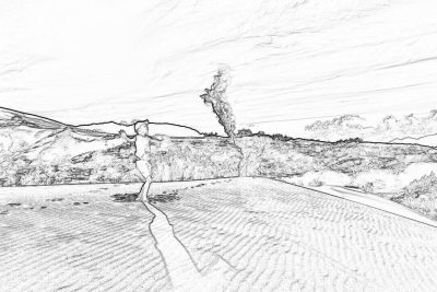 A simple black and white line drawing of the view from above, overlooking an endless vineyard in California's Napa Valley. In the distance is Mount St. Helens volcano erupting, casting smoke into the sky. A small figure with arms outstretched stands at its edge looking up towards it. The ground beneath her shows signs that she has just covered herself, as if trying to block lava flow or fiery particles falling down. This scene conveys both awe and danger in the style of an anonymous artist.