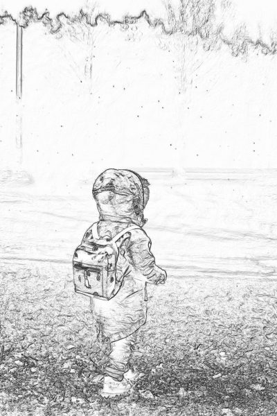 A simple sketch of an adorable baby wearing winter  and carrying his school bag, standing on the ground in front of water. The background is blurred with gentle ripples, creating a serene atmosphere. Black pencil lines are drawn against white paper for easy coloring, in the style of children's book illustration.