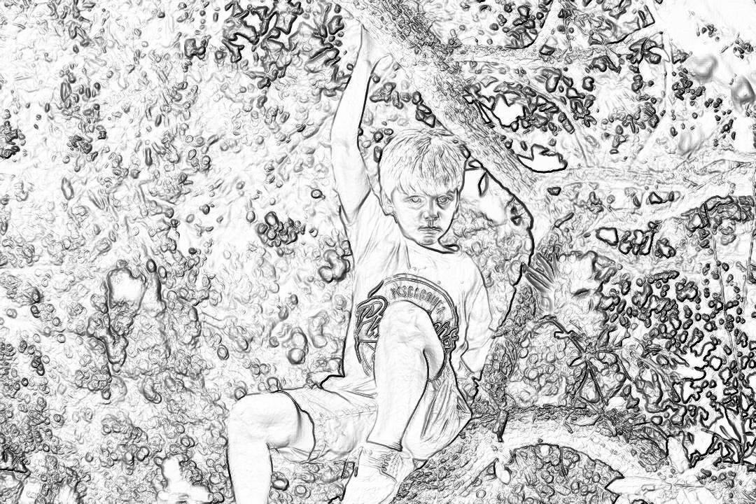 A coloring page of an extreme close up boy doing parkour in the style of rock climbing, wearing sportswear and shorts, in black ink on a white paper background, with white space around the drawing, drawn in bold lines with high contrast and low detail in a simple design, with a white border and white background and no shading or grayscale fill. The scene is set against a backdrop of rocks and vegetation. He is reaching for his hand to reach out to prevent falling down from a cliff. In a cartoon style with high resolution and details.