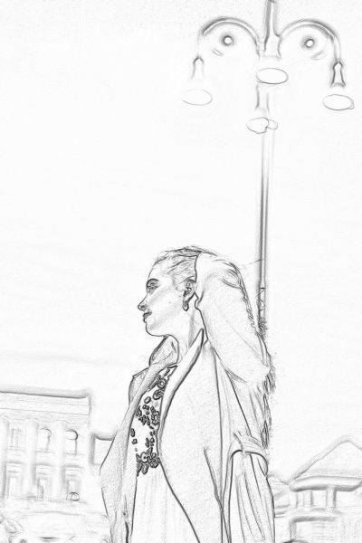 a rough pencil sketch of an elegant woman with long hair standing under street lamp in downtown paulo, italy. She is wearing fashionable and has beautiful jewelry on her neck. The background shows the cityscape of p PACO EN fictive town. It's a sunny day with clear skies. The drawing should capture her elegance and style, emphasizing details like textures,  patterns, and facial expressions to bring out its character. Emphasize subtle shading for depth and dimension.