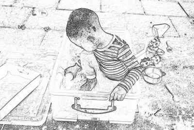 Black and white line drawing of an African American toddler playing with sand in the street, wearing striped tshirt, sitting on top of ice chest box filled with toys, bird's eye view. The scene is captured from above, focusing only on his head and hands as he plays with various items inside the steel cooler. This highangle perspective adds depth to the drawing, showcasing both childlike wonder along with urban playtime. No text or other elements should be present.