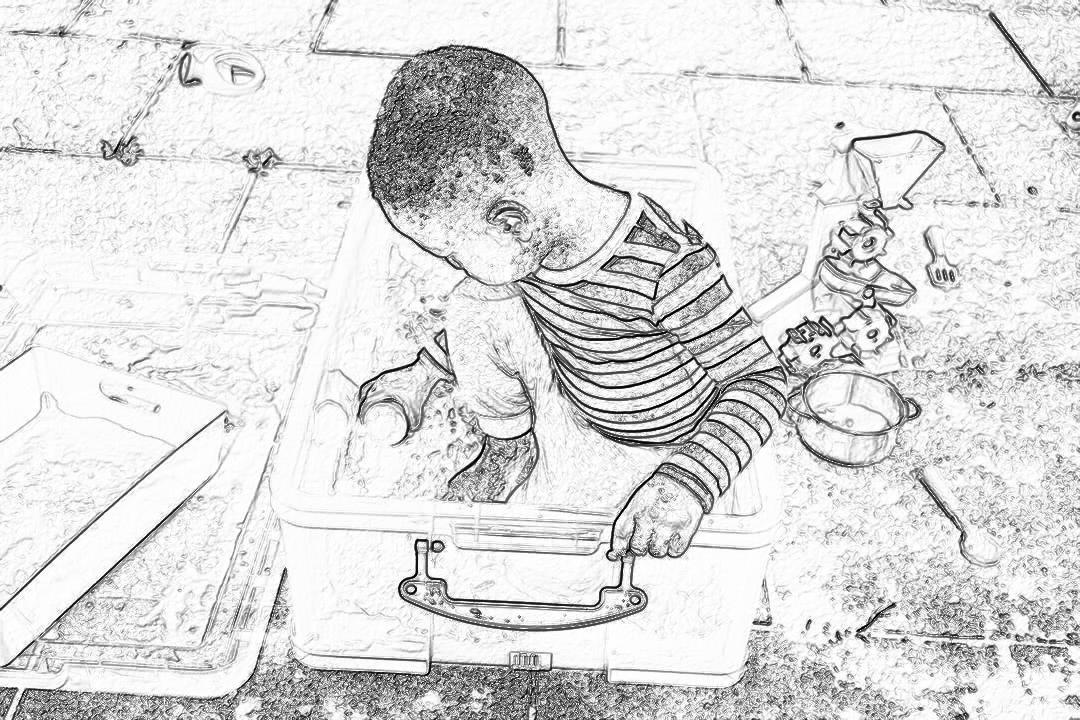 Black and white line drawing of an African American toddler playing with sand in the street, wearing striped tshirt, sitting on top of ice chest box filled with toys, bird’s eye view. The scene is captured from above, focusing only on his head and hands as he plays with various items inside the steel cooler. This highangle perspective adds depth to the drawing, showcasing both childlike wonder along with urban playtime. No text or other elements should be present.