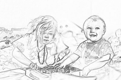 Black and white line art sketch of two children playing with sand, one child smiling while the other has long hair in her face, simple background, in the style of children's book illustration, cartoon, flat black lines with no shading, high detail, high resolution, full body portrait of the full frame shot on Kodak gold film photograph.