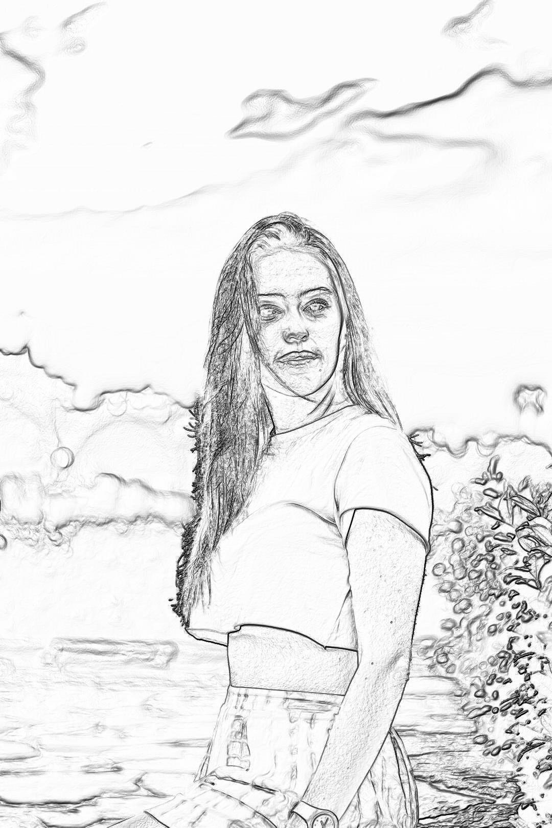 A young woman with long hair, wearing short sleeves and a skirt, smiling at the camera, standing on an island beach. The background features clouds in the sky, creating a simple sketch effect. Black pencil drawing on a white canvas with high resolution and detailed facial expressions, focusing on the face in a medium shot front view with black lines on a white background, like a coloring page for adults in the style of a sketch.