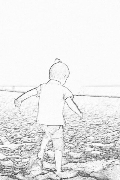 A simple black and white line drawing of the back view of an adorable toddler playing in shallow water at a beach, minimalistic, in the children's book illustration style of Ej dimond.