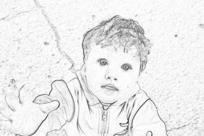 Black and white line sketch of baby boy with big eyes, curious expression on face, reaching out to touch wall. Background features light grey stone texture for depth. Image is isolated against an empty background. The style should be simple and clear, suitable for coloring book pages or children's illustrations. Bright and playful lighting enhances the overall cheerful atmosphere of joyous moments in time