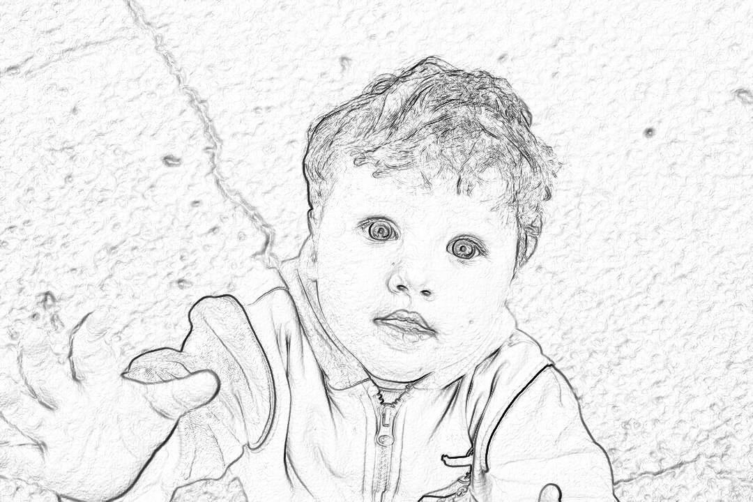 Black and white line sketch of baby boy with big eyes, curious expression on face, reaching out to touch wall. Background features light grey stone texture for depth. Image is isolated against an empty background. The style should be simple and clear, suitable for coloring book pages or children’s illustrations. Bright and playful lighting enhances the overall cheerful atmosphere of joyous moments in time